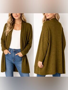 By Anthropologie Olive Green Open Front Long Line Wool Blend Cardigan One Size